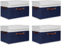 ANMINY 4PCS Storage Boxes with Lid Washable Decorative Storage Bin Basket with PU Leather Handle Foldable Linen Fabric Storage Cube Container for Home Closet Organizer - Deep Blue White, Large Size