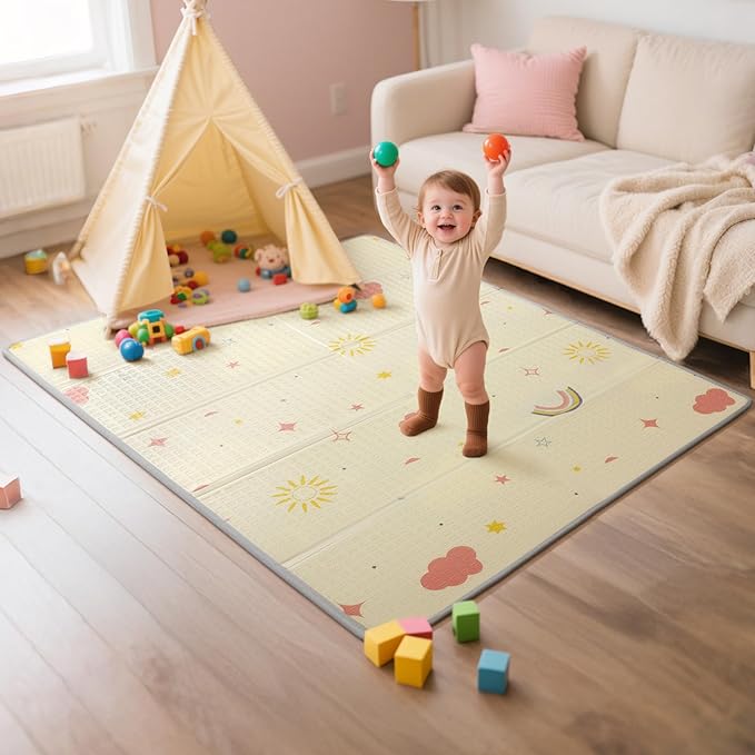 Extra Large Foldable Play Mat, Reversible Baby Play Mat with Edge Reinforcement, Non-Toxic & Waterproof Baby Mat for Floor, Foam Playmat for Infants Toddlers, Rainbow, Cloud & Moon, 50''x50''
