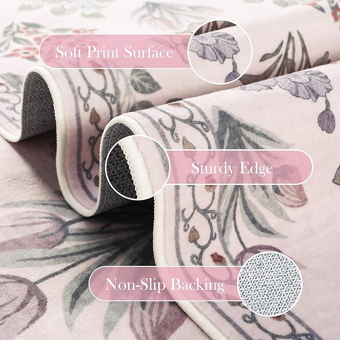 Wonnitar Pink Rugs for Bedroom Girls Nursery, Washable 5x7 Floral Rug, Boho Ultra-Thin Non Slip Soft Indoor Decor Carpet for Kids Room Playroom Living Room Dorm, Pale Pink