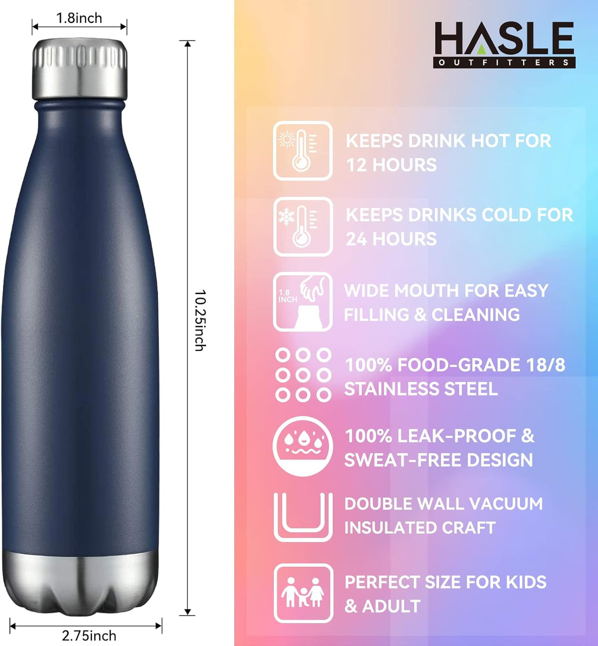 HASLE OUTFITTERS 17oz Stainless Steel Water Bottles, Vacuum Insulated Water Bottles Double Walled Powder Coated Reusable Metal Sports Water Bottles Keep Drinks Hot and Cold, Navy, 1Pack
