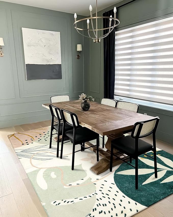 Lahome Green Botanical Print Small Throw Rugs Modern Abstract Non-Slip 3x5 Minimalist Art Area Rug Accent Distressed WashableFloor Carpet for Living Room Bedroom Entryway