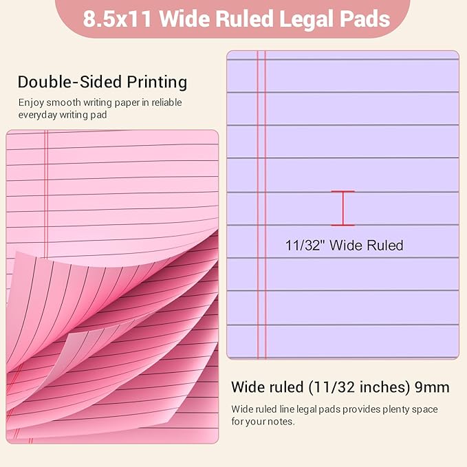 Legal Pads 8.5 x 11 Colored Note Pads, 2 Pack Notepads 8.5 x 11 Lined Paper, Colored Notebook Paper Writing Pads 30 Sheets per Colored Paper Pads 8.5 x 11 for Purple Legal Pads Home Office School