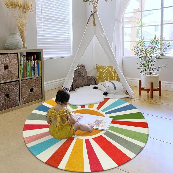 STARUIA Boho Washable Rug 5 Ft Round Area Rug for Bedroom, Rainbow Circle Kids Rugs for Office, Non-Slip Circluar Carpet Soft Sunshine Rugs for Dorm Nursery Sofa Living Room Corner