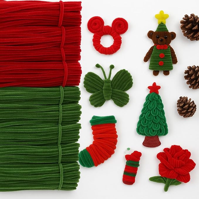 700 Pcs Halloween Fall Pipe Cleaners Craft Bulk Pastel Chenille Stems Flower DIY Gradient Colored Fluffy for School Classroom Thanksgiving Christmas Party Supplies(Red,Green)