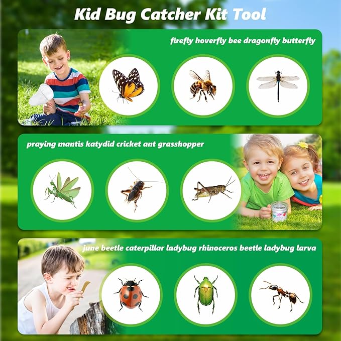 Kids Bug Catching Kit, 6-in-1 Nature Discovery Kit with Breathable Wooden Critter Habitat House, 15 Insert Cards, Magnifying Glass, Butterfly Net, Summer Outside Toys, Gift for Boys & Girls