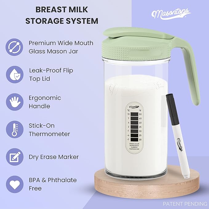 Masontops Breast Milk Storage Kit - 24oz Airtight Mason Jar with Handle, Marker & Stick-on Thermometer for New Moms