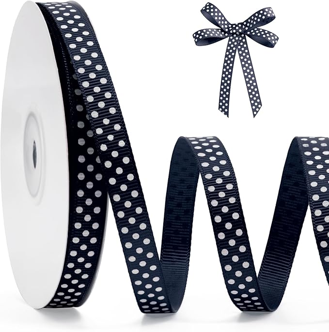 Polka Dot Grosgrain Ribbon 3/8 Inch, 25 Yards Spool Navy Blue and White Dot Craft Ribbon for Christmas Gift Wrapping DIY Crafts Hair Bows Wedding Party Decor Sewing and Home Decoration