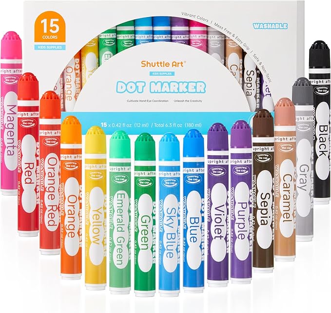 Shuttle Art Dot Markers, 15 Colors Washable Dot Markers for Toddlers,Bingo Daubers Supplies for Kids Preschool Children, Non Toxic Water-Based Bingo Daubers