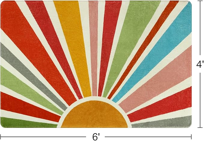 STARUIA Boho Washable Rug 4'x6' Kids Area Rug for Playroom, Non-Slip Kids Rug for Bedroom, Rainbow Modern Sun Carpet Soft Throw Sunshine Rugs for Office Nursery Entryway Dorm