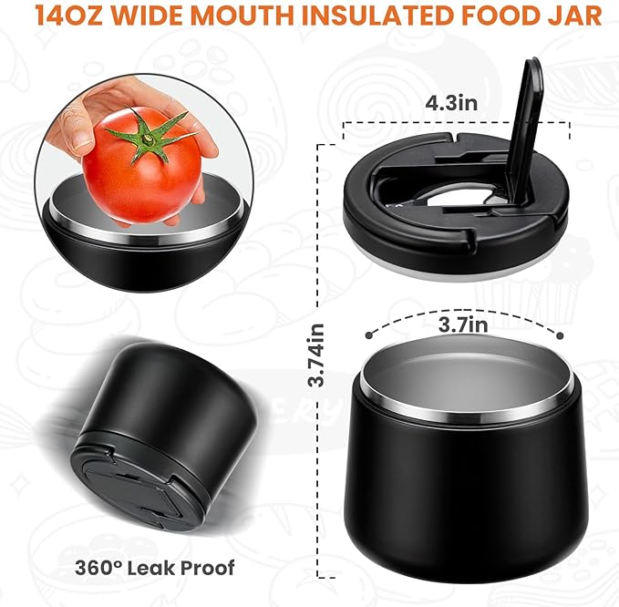 Soup Thermo for Hot Food 14oz Lunch Containers with Buckle Lid Wide Mouth Hot Food Jar Vacuum Insulated Stainless Steel Bento Box Leakproof with Spoon(Black)