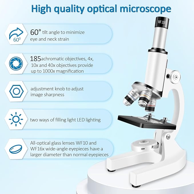 Microscope for Kids 40X-2000X, Microscope for Children 8-12 Years Old with LED Fill Light, Slides and specimens Ideal for School Labs Homeschooling