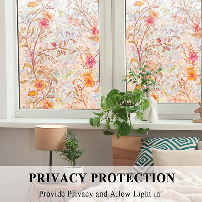 Stained Glass Window Film Static Cling Door Privacy Film Decorative Flowers Red Leaves Window Decals Stickers Heat Control Anti UV for Home and Office,17.5 inches by 157 inches