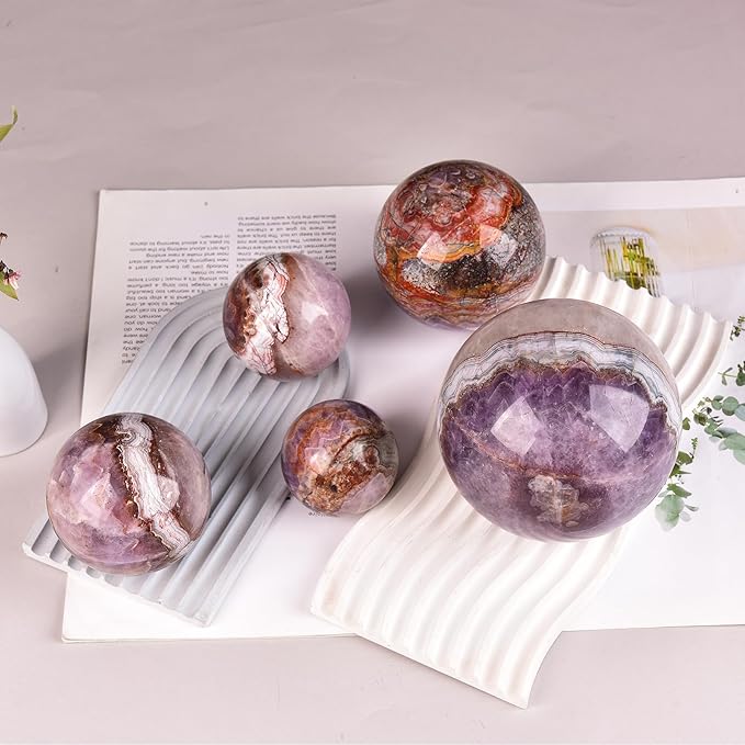 JIC Gem Amethyst Agate Crystal Ball with Wooden Stand Pink Healing Crystal Sphere Ball for Feng Shui Decor Spiritual Gifts 60-70mm