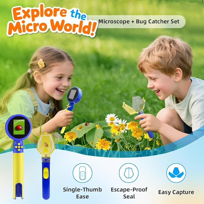 Kids Microscope with Bug Catcher Kit, 1080P Digital Mini Handheld Microscope STEM Science Toy with LED Light, Rechargeable, Portable, Supports 64GB TF Card, Educational Gift for Kids Ages 3-12 (Blue)
