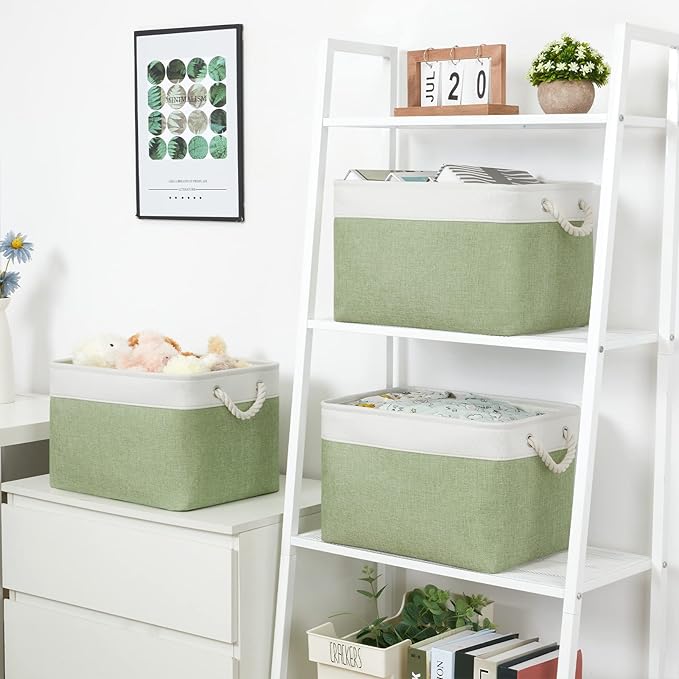 Bidtakay Large Fabric Baskets for Organizing [3-pack] Closet Organizers and Storage Baskets for Gifts Empty Foldable Nursery Baskets for Toy Storage 15 X 11 X 9.5 Inches (White&green)
