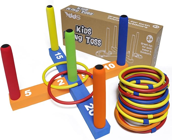 Ring Toss Game for Kids, Indoor & Outdoor Game for Family and Adults with 5 Poles, 2 Bases and 16 Rings in 4 Colors, Soft Foam Toy for Kids Backyard Ring Toss Fun