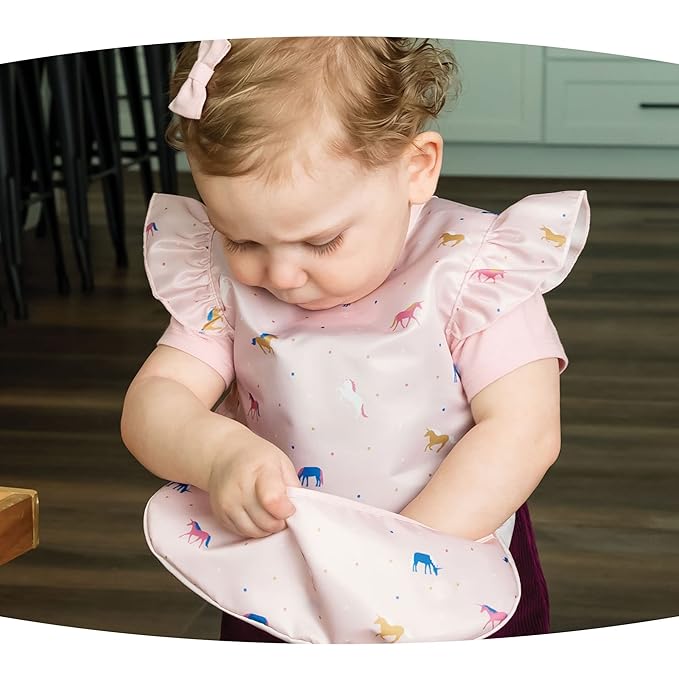 Tiny Twinkle Mess Proof Baby Bib - Waterproof & Lightweight Baby-Led Weaning Apron | 100% Recycled Polyester, Easy Clean & Machine Washable (Unicorn Confetti, Small 6-24 Months)