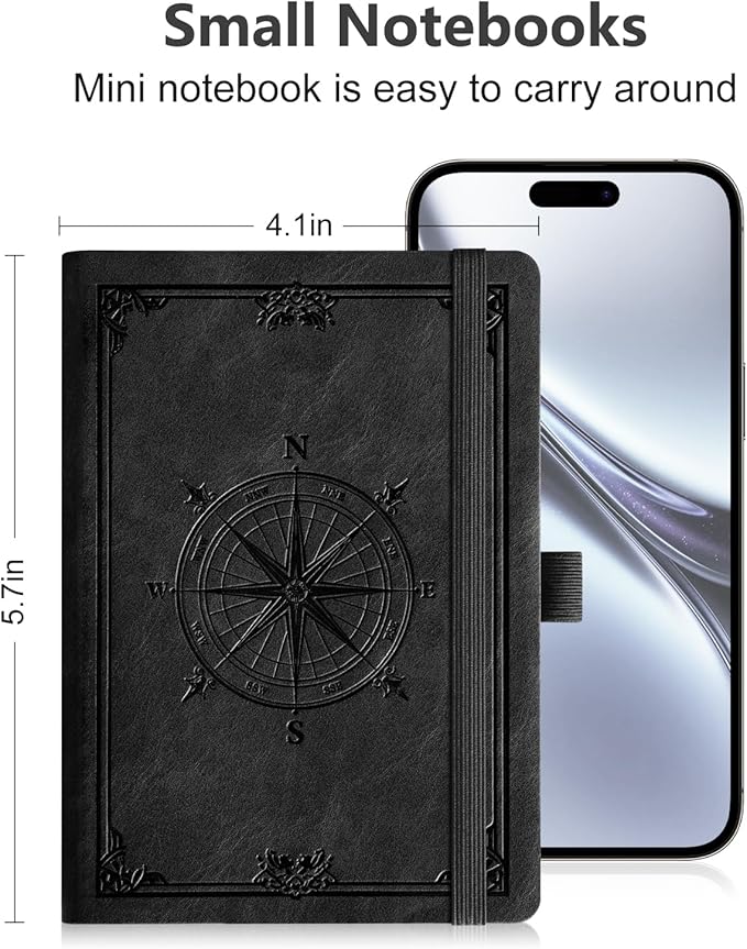 AHGXG Small Blank Pocket Journal Notebook for Men - 256 Numbered Pages B6 Mini Journal, Vintage Soft Leather Hardcover, 80gsm Paper, for Women Work Office School, 4.1'' X 5.7''- Black