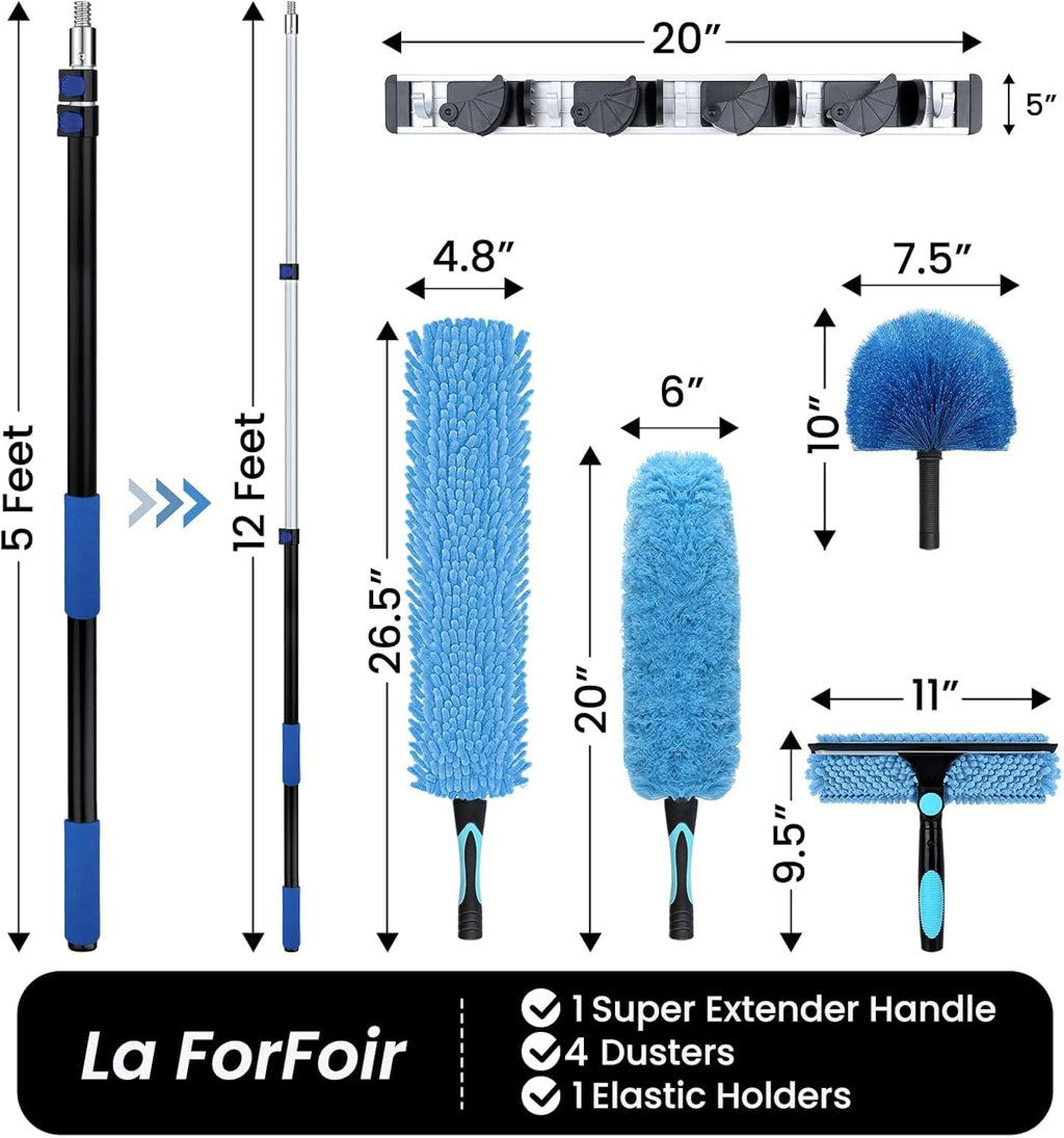 20ft High Ceiling Duster Kits with 5-12ft Heavy Duty Extension Pole - Fan Blade Cleaner, Cobweb Remover & Blue Window Squeegee Kit, Washable Dust Brush for High Roof and Glass Surfaces