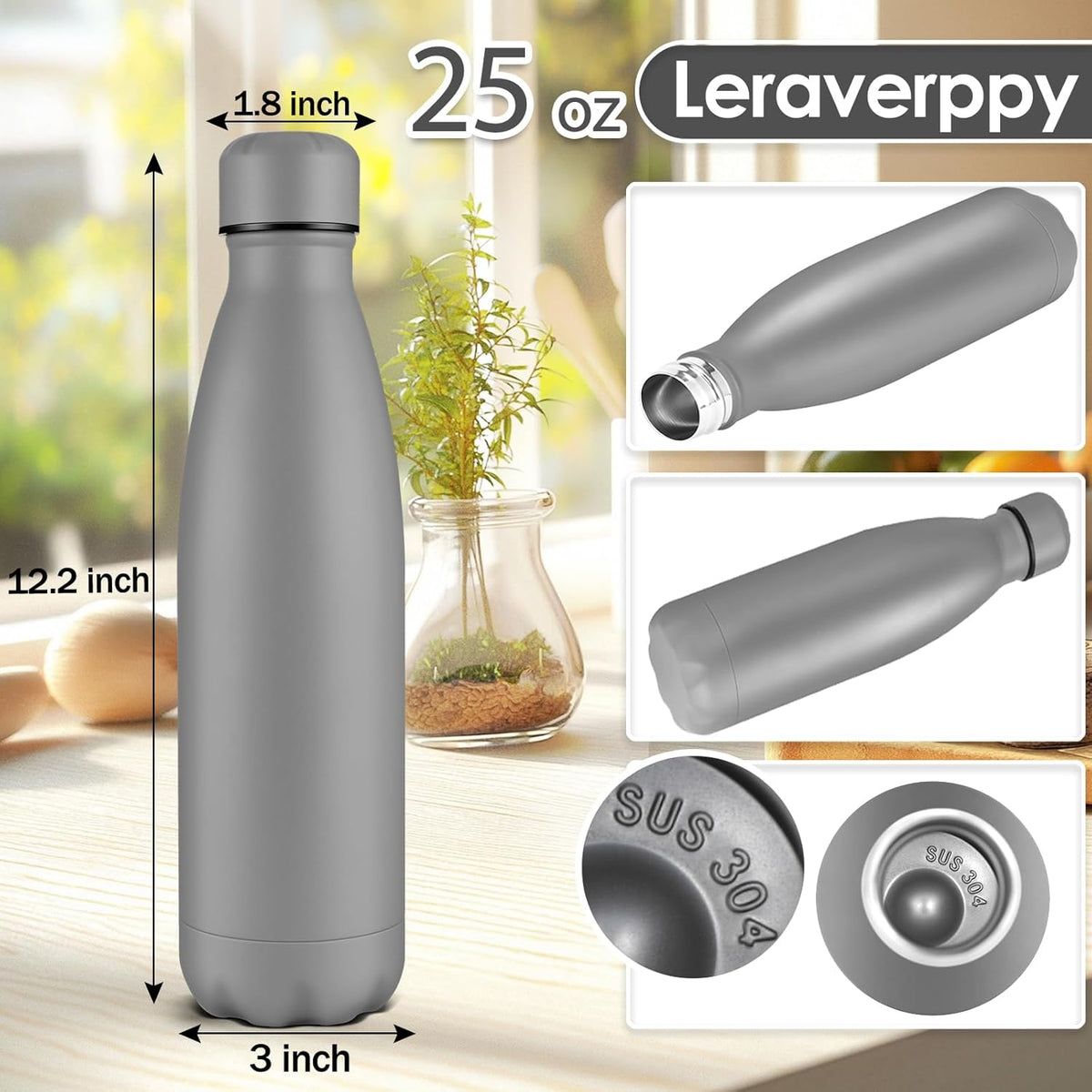 25oz Cola-Bottle Shaped Stainless Steel Leak-proof Water Bottle,Double Wall Vacuum Insulated Metal,Travel Mug For Sports Indoors & Outdoors,BPA-Free School Kids Flasks,Gray(2 Pack)