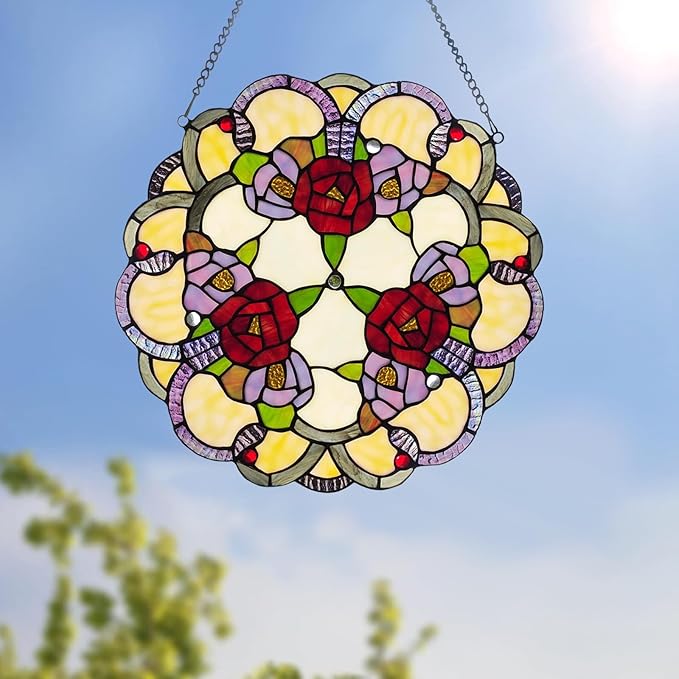 PA0001 Rose Flowers Stained Glass Window Panel W 16" x H 16" Window Suncatcher Tiffany Style Ornament, Home Hanging Decorations