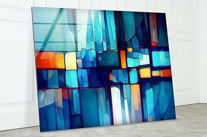 My Photostation.com 48Wx32H'' Blue Vibrant Stained Glass Wall ArtTempered Glass Printing Wall Decor Large Wall Art Wall Hangings