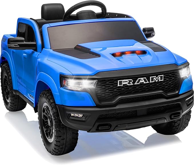 12V Kids Electric Vehicles, Licensed Ram 1500 RHO Kids Ride on Truck with Remote Control, Ride on Car for Children with Smooth Start, Truck Bed Storage, Bluetooth, Aux Port (Blue)