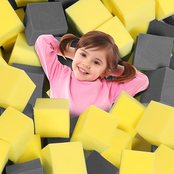 Foam Pit Cubes, 24 PCS 5 Inches Gymnastics Foam Blocks Trampoline Blocks, Multi-Sport Protective Padding for Gymnastics, Trampoline, Parkour, Skate Parks & BMX - Dark Grey & Yellow