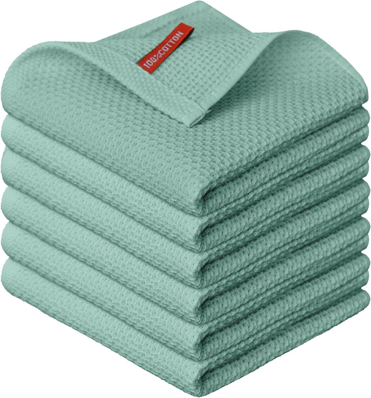 Artoid Mode 100% Cotton Light Green Waffle Weave Kitchen Dish Cloths, 12x12 Inch Ultra Soft Absorbent Quick Drying Kitchen Dish Towels Set of 6