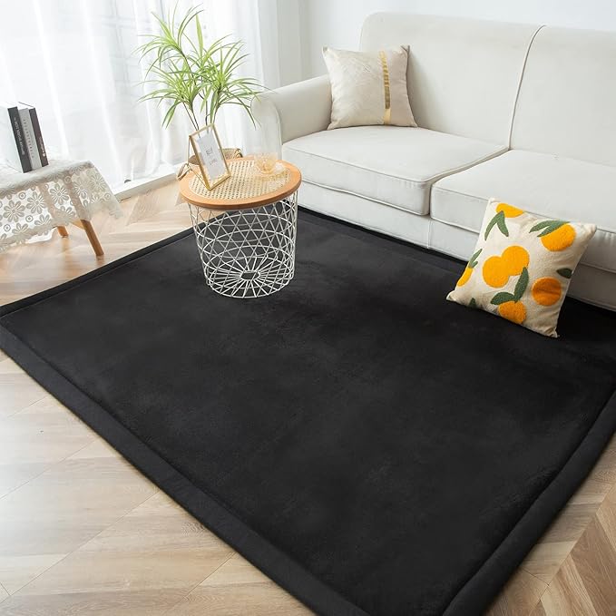 MAXYOYO Black Coral Velvet Area Rug, Thick Japanese Tatami Mat Living Room Carpet with Non-Slip Backing, Large Solid Color Mat for Bedroom Dormitory Yoga, 78 by 118 inch