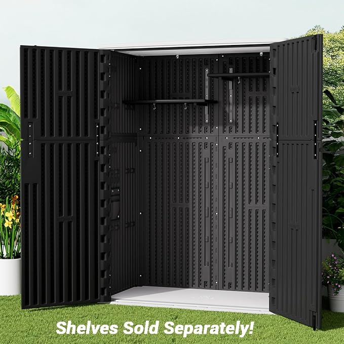 KINYING Outdoor Storage Cabinet Waterproof, 57 Cu.ft Resin Vertical Outdoor Storage Shed for Patio Furniture, Garden Tools, Pool Accessories, Mower Storage (Black)