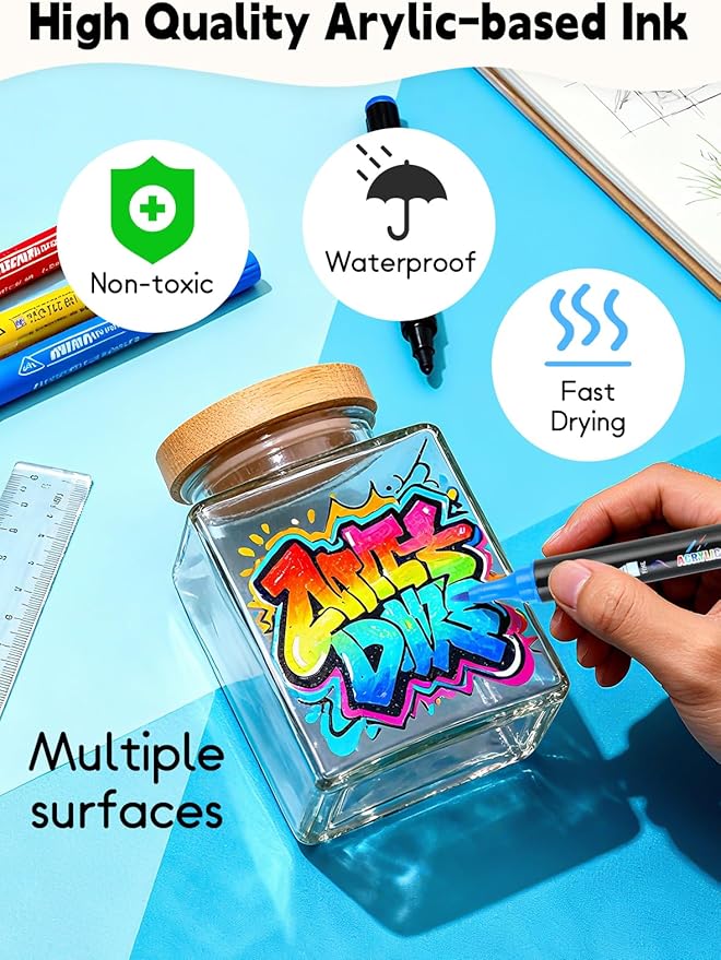 48 Colors Acrylic Paint Markers, Dual Tip Acrylic Paint Pens with Brush and Fine Tips for Kids, Adults, Wood, Canvas, Stone, Rock Painting, Glass, Ceramic Surfaces, DIY Crafts Making