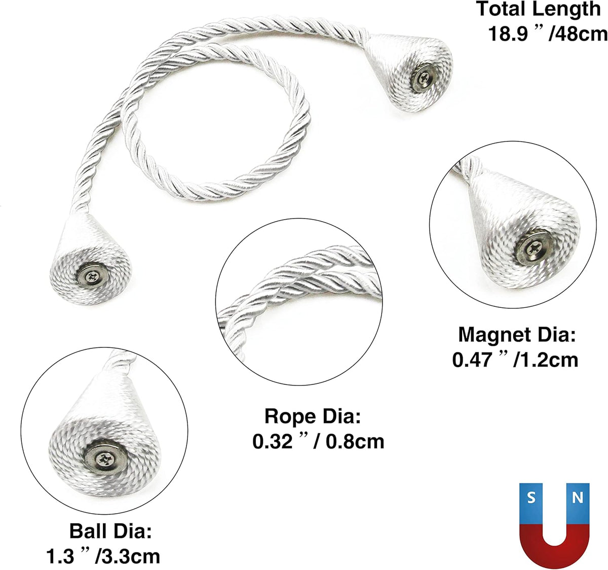 2 Pack Magnetic Curtain Tiebacks Rope Modern Handmade Curtain Tie Backs Decorative Drapes Weave Holdbacks for Window Décor, Silver