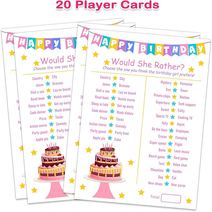 Birthday Girl Party Game-Would She Rather-20 Birthday Game Card Set- Girl Birthday Party Activity Notebook Themed Party Activity and Idea - Girl Birthday Supplies, Activity, Decorations