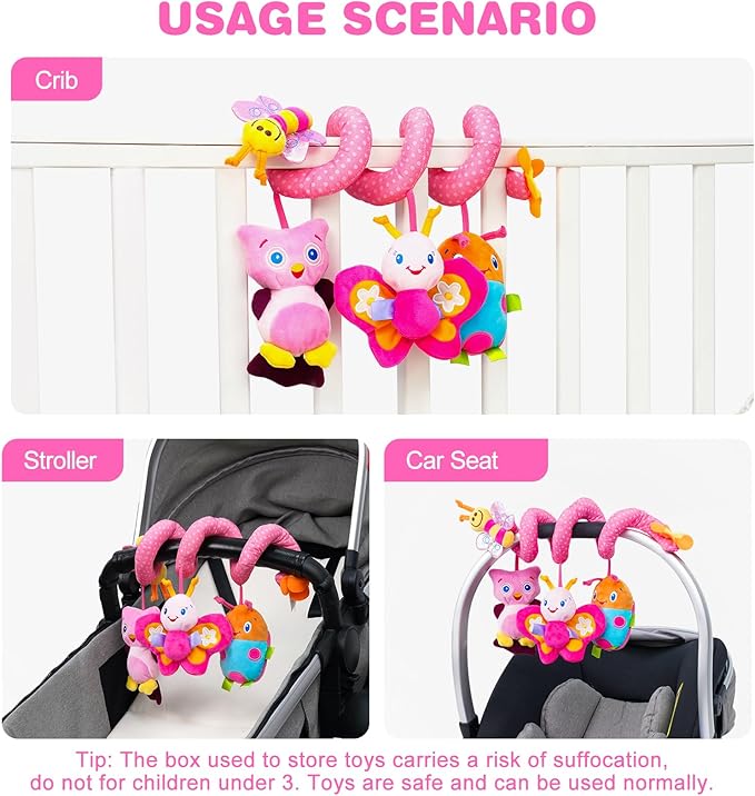 Jollybaby Baby Car Seat Stroller Toys, Plush Activity Hanging Spiral Activity Pram Crib with Music Box, Rattles, Squeaker for Babies Infant Boys Girls(Pink)