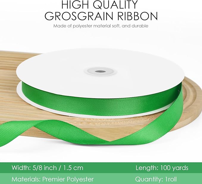 100 Yards 5/8 inch Grosgrain Ribbon, Solid Color Fabric Ribbon Perfect for Gift Wrapping, Wedding, Handmade Bows, Floral Bouquets and Party Decoration(Green)