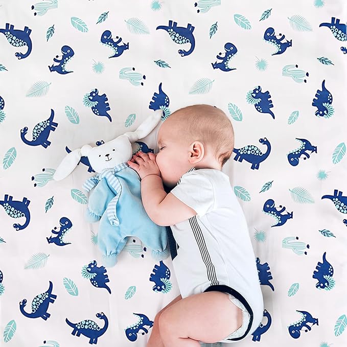 Wowelife Dinosaur Mini Crib Bedding Set for Boys Blue Premium 3-Piece Baby Bedding Sheet Set Dinosaurs Nursery Crib Set Crib Comforter Set Breathable and Soft for Baby