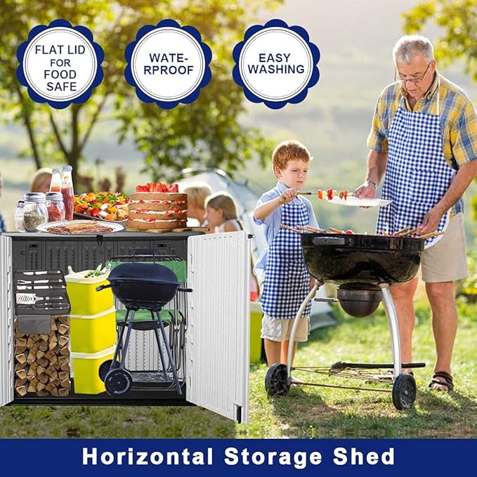 KINYING Outdoor Storage Shed - Horizontal Storage Box Waterproof for Garden, Patios, Backyards, Multi-Opening Door for Easy Storage of Bike, Garbage Cans, Tools, Lawn Mower, Off-White, 26 Cubic Feet