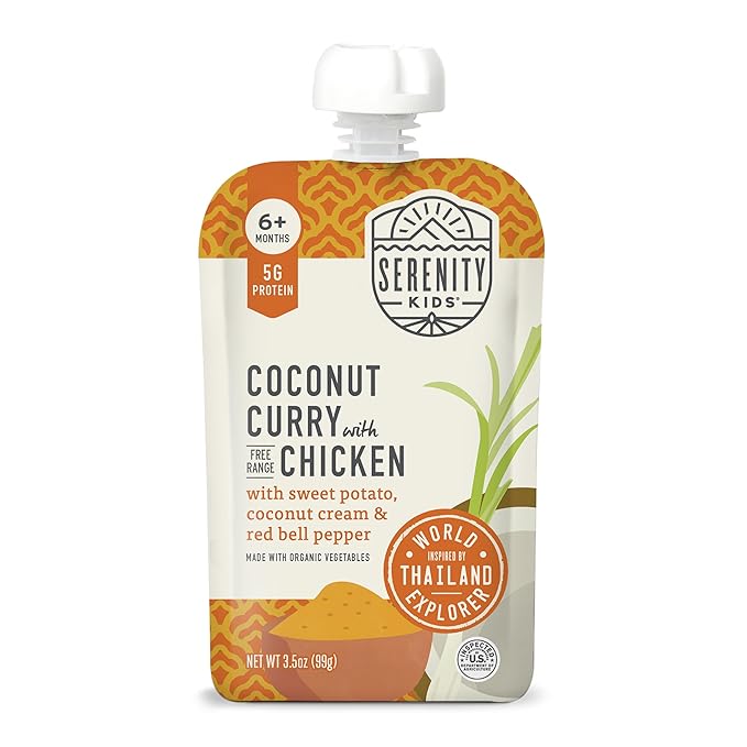 Serenity Kids 6+ Months Baby Food Pouches Chicken Coconut Curry Puree - Ethically Sourced Chicken & Non-GMO Veggies - BPA-Free for Baby Food Pouch - 3.5 Oz, 6 Pack