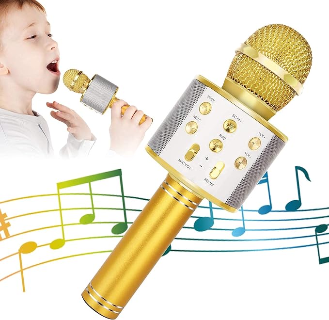 KIDWILL Wireless Bluetooth Karaoke Microphone for Kids, 5-in-1 Portable Handheld Karaoke Mic Speaker Player Recorder with Adjustable Remix FM Radio for Kids Girls Boys Teens Birthday (Gold)