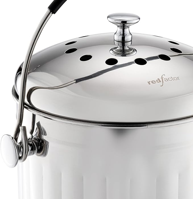 RED FACTOR Premium Compost Bin for Kitchen Countertop - Stainless Steel Food Waste Bucket with Innovative Dual Filter Technology - Includes Spare Filters (Brilliant Steel, 1.3 Gallon)