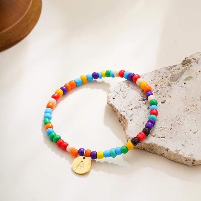 Colorful Initial Bracelets for Women Girls, Cute Beaded Initial Bracelet Teen Girl Gifts Trendy Stuff Gold Disc Letter Bracelet Personalized Gifts for Women Jewelry