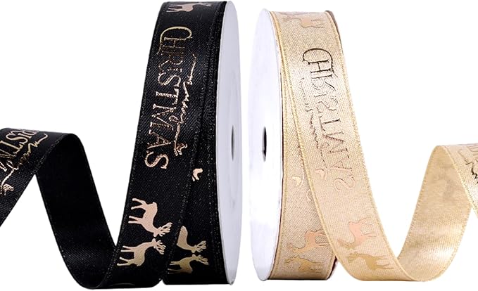 Christmas Gift Wrapping Ribbon, Red, Green, 2 Rolls Printed Grosgrain Ribbons for Crafts, Floral Bouquets, Sewing, Party and Festive Holiday Decor (2 Rolls(Black/Gold), 1 Rolls=5/8in * 5Yards)