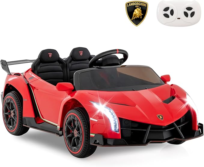 Costzon Ride on Car, Lamborghini Licensed 12V Battery Powered 4WD Sports Car with Remote Control, 3 Speeds, Hydraulic Doors, LED Lights, Towing Wheel, Horn, Music, Electric Vehicle for Kids Aged 3-8