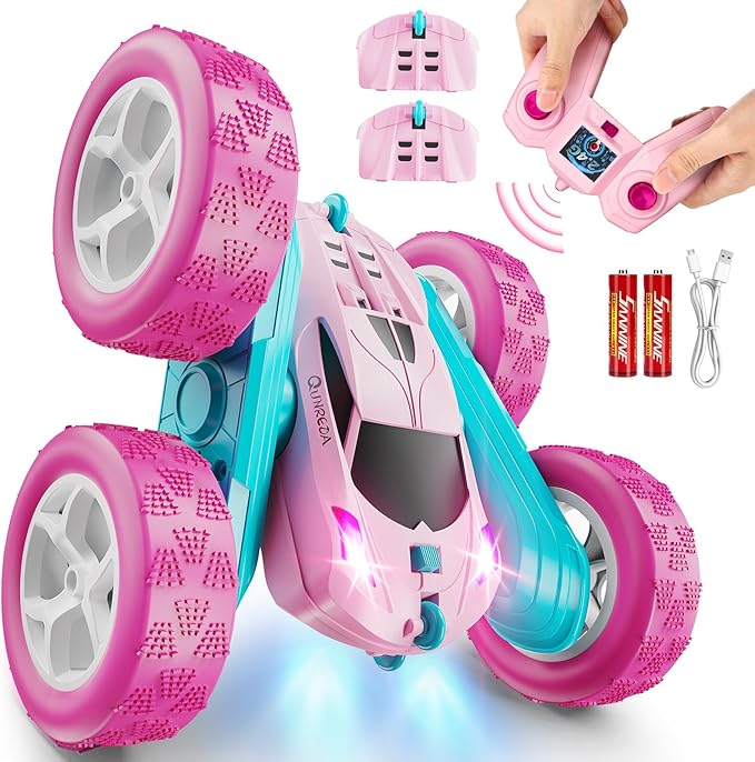 RC Cars, Pink Remote Control Car for Girls, 2.4 GHZ Double Sided RC Stunt Car 360° Rotating Remote Control Crawler with Headlights Car Toys for 6 7 8 9 10 11 12 Girls Birthday Gift