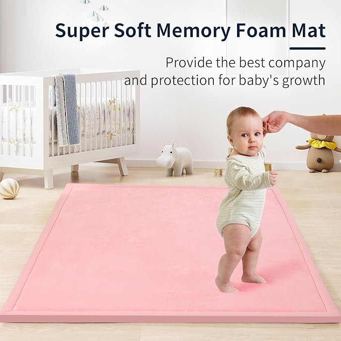 ACOMOPACK Baby Play Mat for Floor 1.3" Thick Memory Foam Play Mat 79"×157 Tummy Time Crawling with Non-Slip Bottom for Living Room,Nursery,Soft Velvet Playpen Mats for Kids,Infants（Pink）