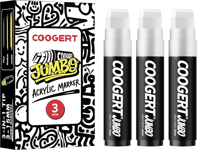 3Pcs White Jumbo Poster Markers, 15MM Thick Permanent Acrylic Graffiti Markers, Wide Tip Paint Marker for Canvas, Posters Board, Fabric, Window, Glass, Wood, Teachers,Banner painting supplies