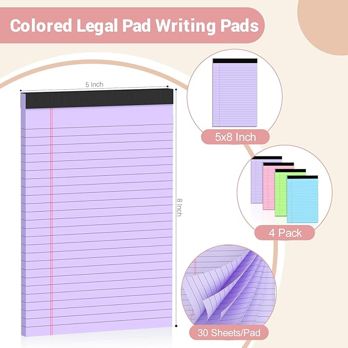 Legal Pads 5x8 Colored Note Pads, 4 Pack College Ruled Notepads 5x8 Lined Paper, Colored Notebook Paper Writing Pads 30 Sheets per Colored Paper Small Legal Pads 5x8 for Home Office School Supplies