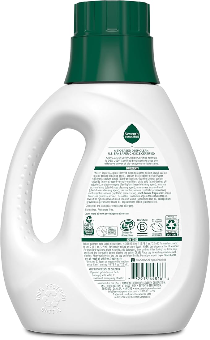 Seventh Generation Concentrated Laundry Detergent, Fresh Lavender scent, 40 oz, Pack of 2 (106 Loads)