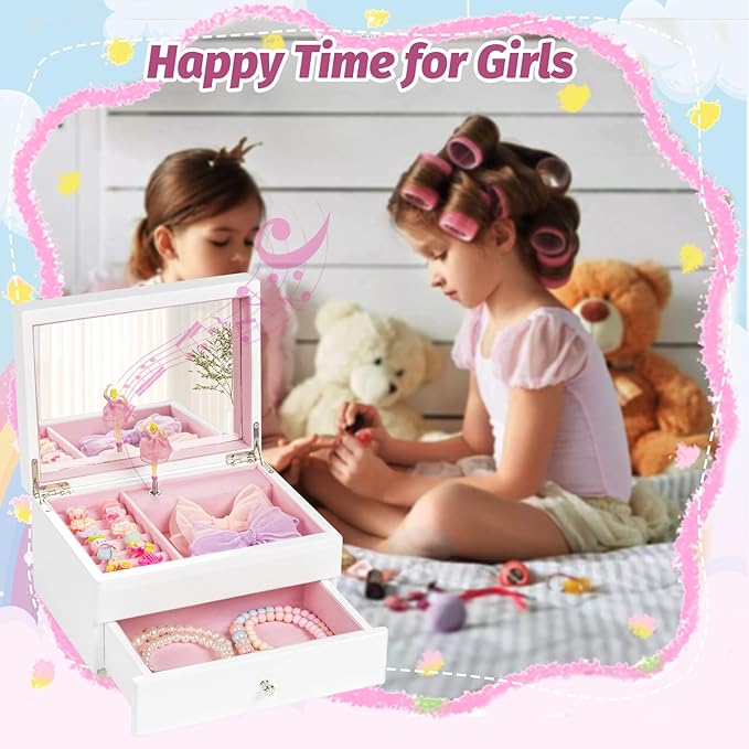 Miratino Music Jewelry Box Gifts for Girls, Wooden Kids Jewelry Boxes & Organizers with Spinning Dancer, Musical Jewelry Storage Gift for Little Girl Toddler Christmas Birthday New Year (White)